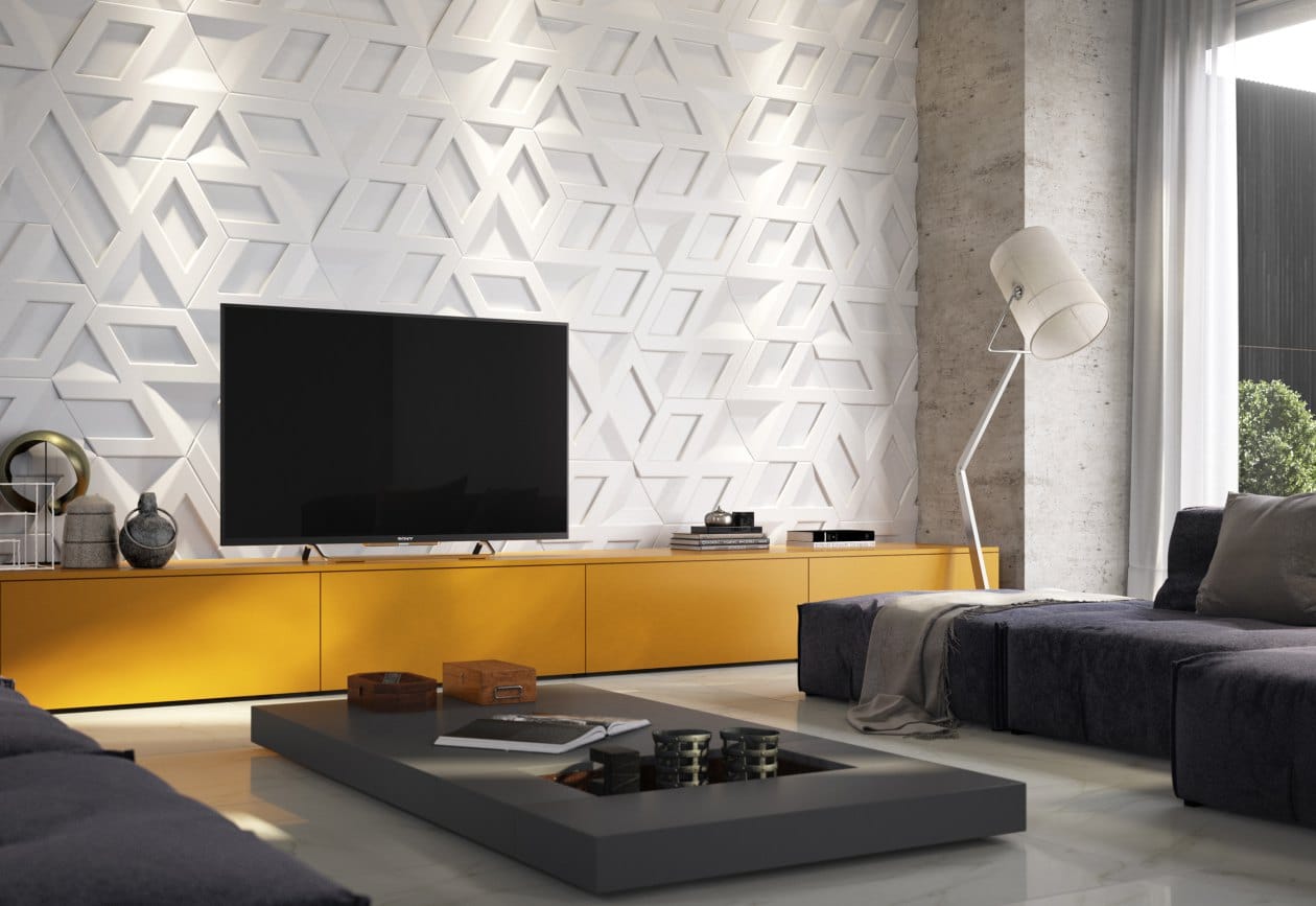 CGI Room Sets Living Room Sony TV Yellow Cabinets