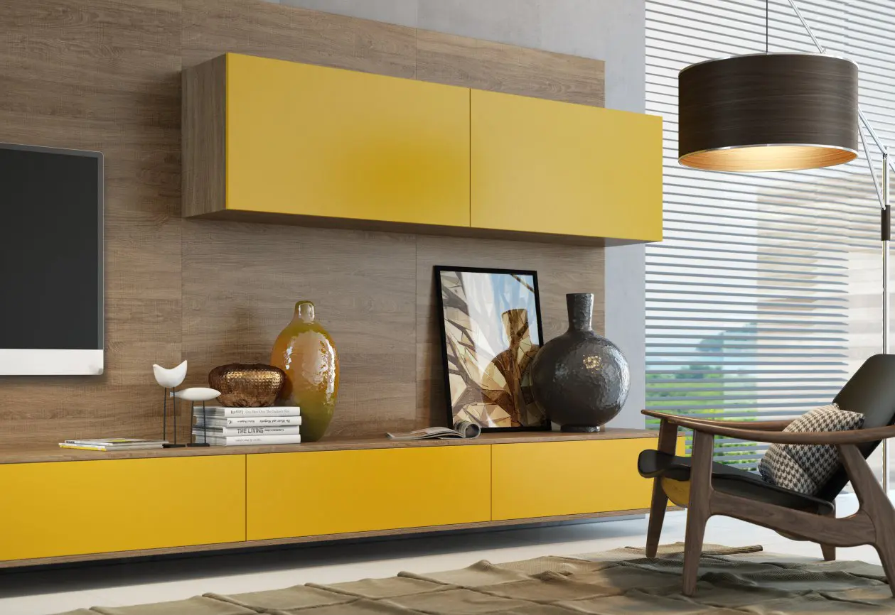 CGI Room Set Living Room Yellow Cabinets